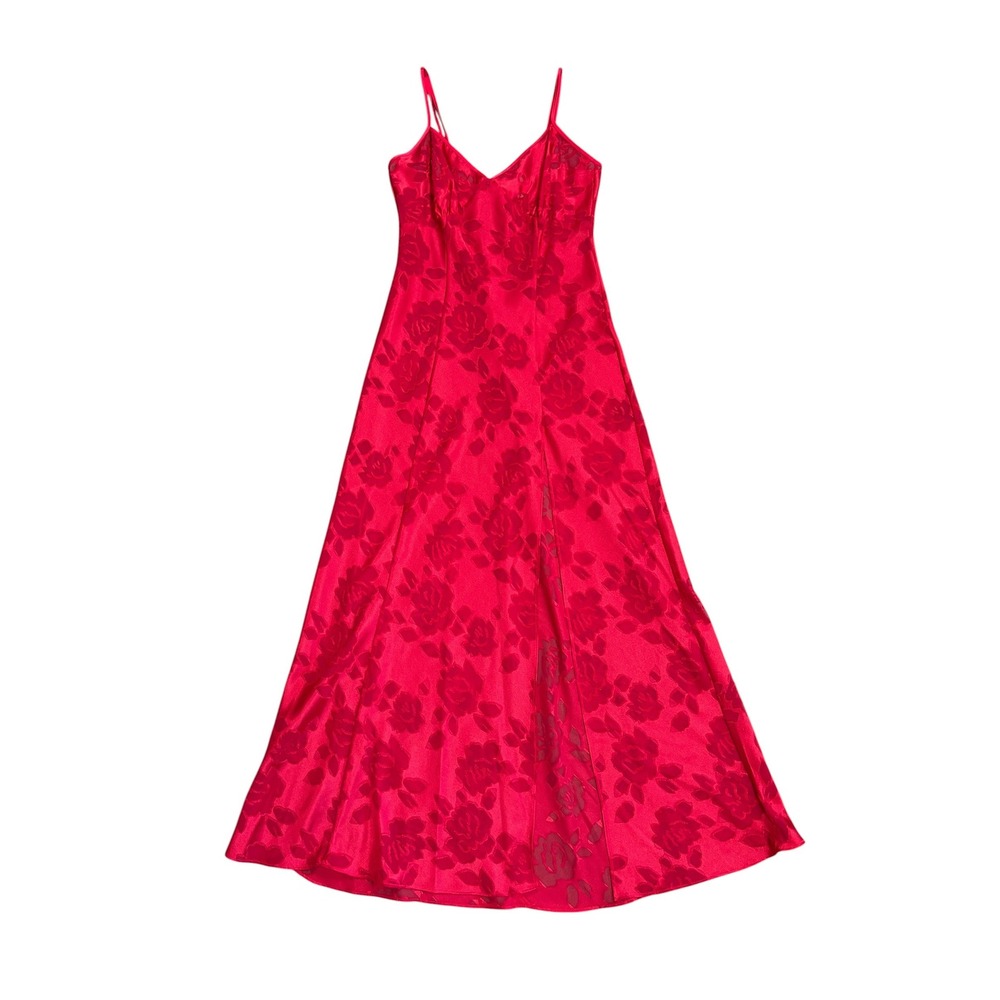Vintage Victorias Secret Gold Label Red Floral Rose Satin Maxi Nightgown XS/S